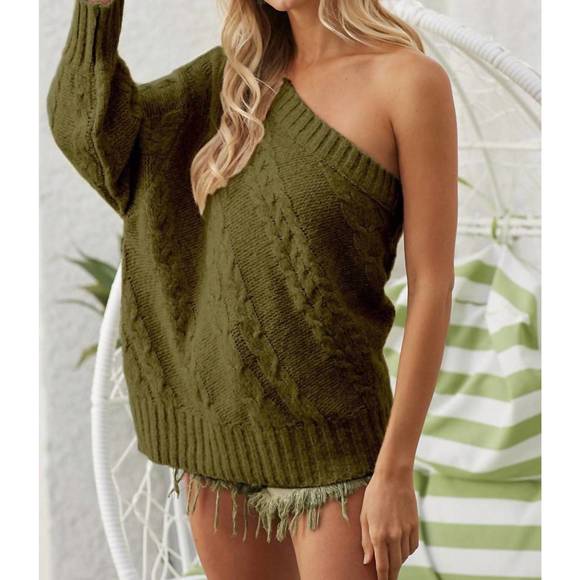 NEW BIBI one shoulder twist knitted sweater in vintage olive - Picture 1 of 1